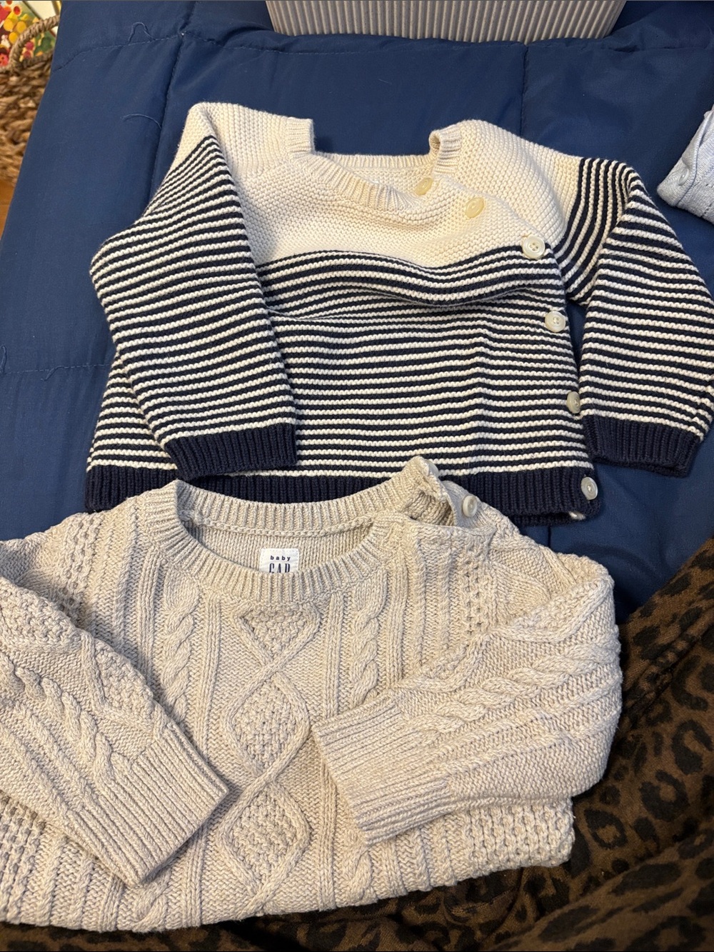 GAP Baby Cream Cable Knit Sweater & Navy-White Striped Button Shoulder Sweater